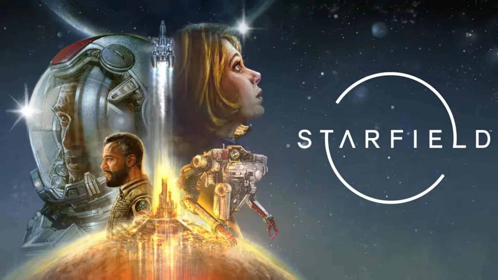Hier ist das Cover von Starfield zu sehen. Auf der rechten Seite, mittig platziert, befindet sich das Logo. Ein Schriftzug "Starfield" mit einem Kreis, welcher aber nicht geschlossen ist. Auf der linken Seite sieht man drei Personen und eine Art Roboter.