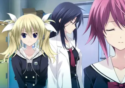 Screenshot aus dem Game CHAOS;CHILD. Auf dem Screenshot sind drei Personen zu sehen, drei Frauen.