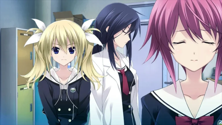 Screenshot aus dem Game CHAOS;CHILD. Auf dem Screenshot sind drei Personen zu sehen, drei Frauen.