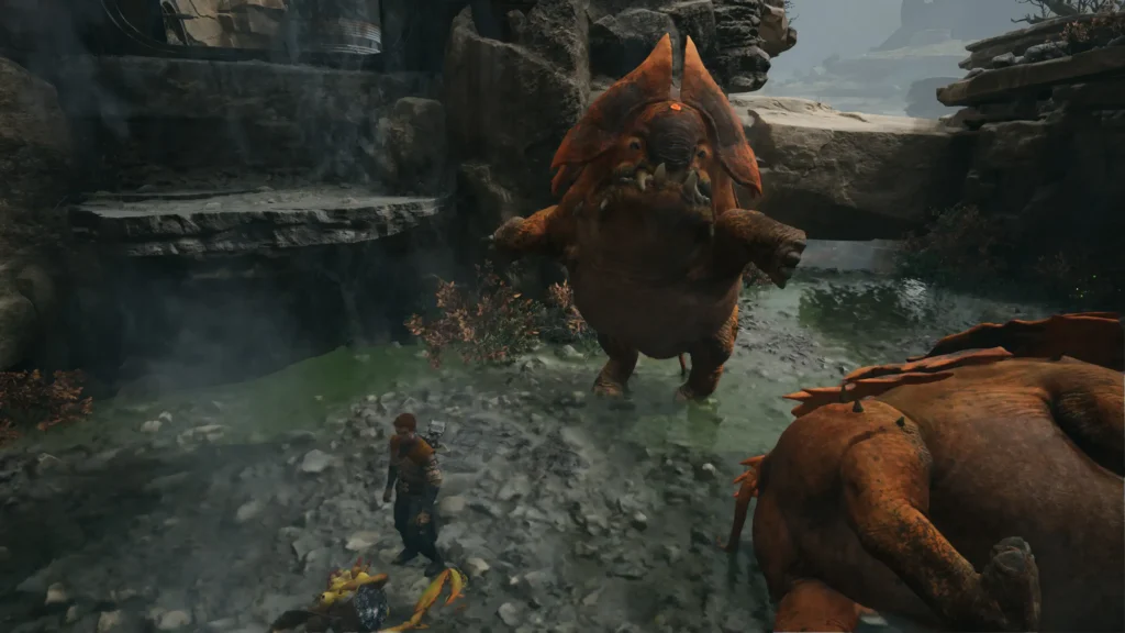 Screenshot aus Star Wars Jedi: Survivor auf dem ein männlicher Charakter zu sehen ist, der gerade von einer merkwürdigen Kreatur angegriffen wird.