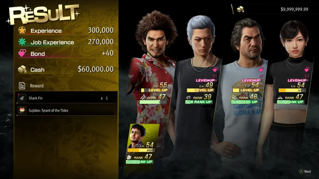 Der Ergebnisbildschirm nach einem gewonnenen Kampf