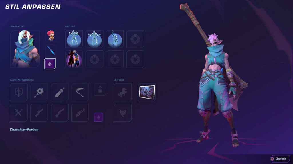 Die „Stil anpassen" Übersichjt beinhaltet einige Unterpunkte. Rechts ist der Charakter abgebildet und links daneben viele kleine Kästchen die unter anderem zur Anpassung des Charakters, zur Emote Auswahl oder auch zu Waffenskins und Reittieren führen.