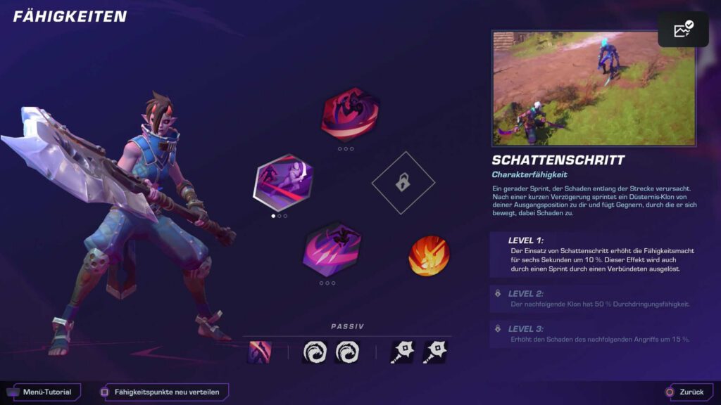 Ein Bild von der Fähigkeitsübersicht. Auf der linken Seite steht der Charakter in einer Angriffspose, mittig sind die fünf Fähigkeiten zu sehen, direkt darunter findet man die passiven Fähigkeiten und rechts daneben ein Bild mit einer Erklärung zur ausgewählten Fähigkeit.