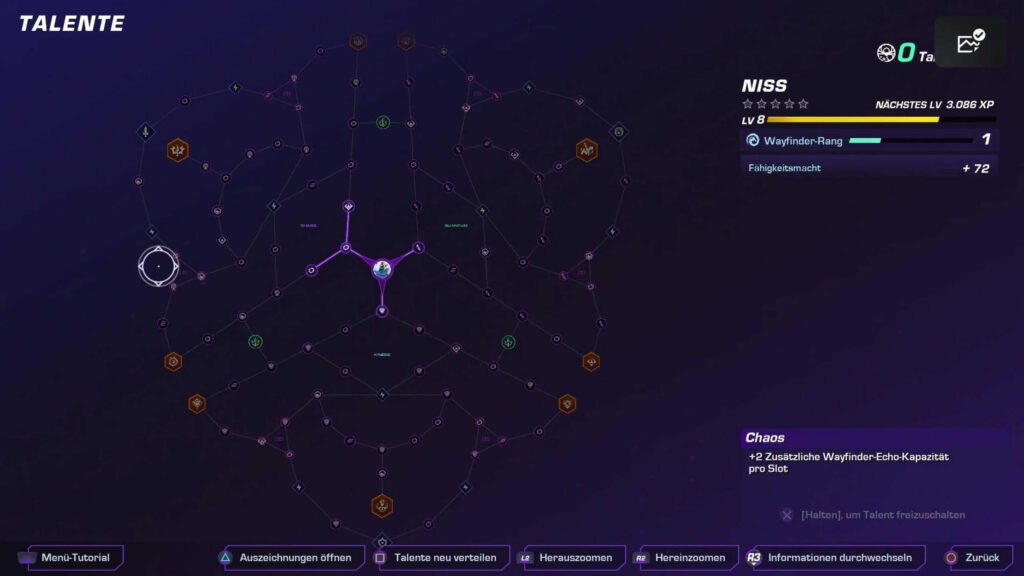 Der Talent Baum mit vielen Verzweigungen und vielen Punkten die man auswählen kann. In der Mitte ist ein Bild vom Charakter zu sehen und von ihm aus gehen drei Linien weg die eine entsprechende Ausrichtung des Charakters haben. Rechts Chaos, links Quantum und unten Kinese. Auf der rechten Seite ist das Level und der Name des Charakters zu sehen so wie der Erfahrungsbalken der aufzeigt, wie viel EP bis zum nächsten Level noch fehlen. 