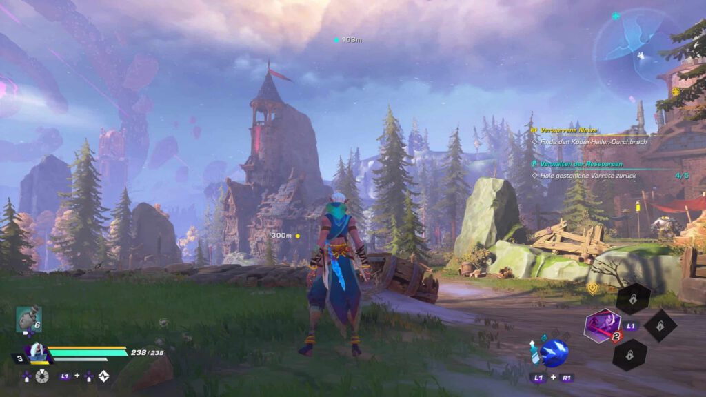 Wieder eine Person mittig auf dem Bild und im Hintergrund sieht man Wolken sowie Steine die in der Luft schweben. Im Hintergrund entdeckt man ebenfalls einen Turm so wie viele Bäume die um diesen herumstehen. Rechts vom Charakter, etwas weiter vorne sind Trümmer eines ehemaligen Gebäudes zu sehen.