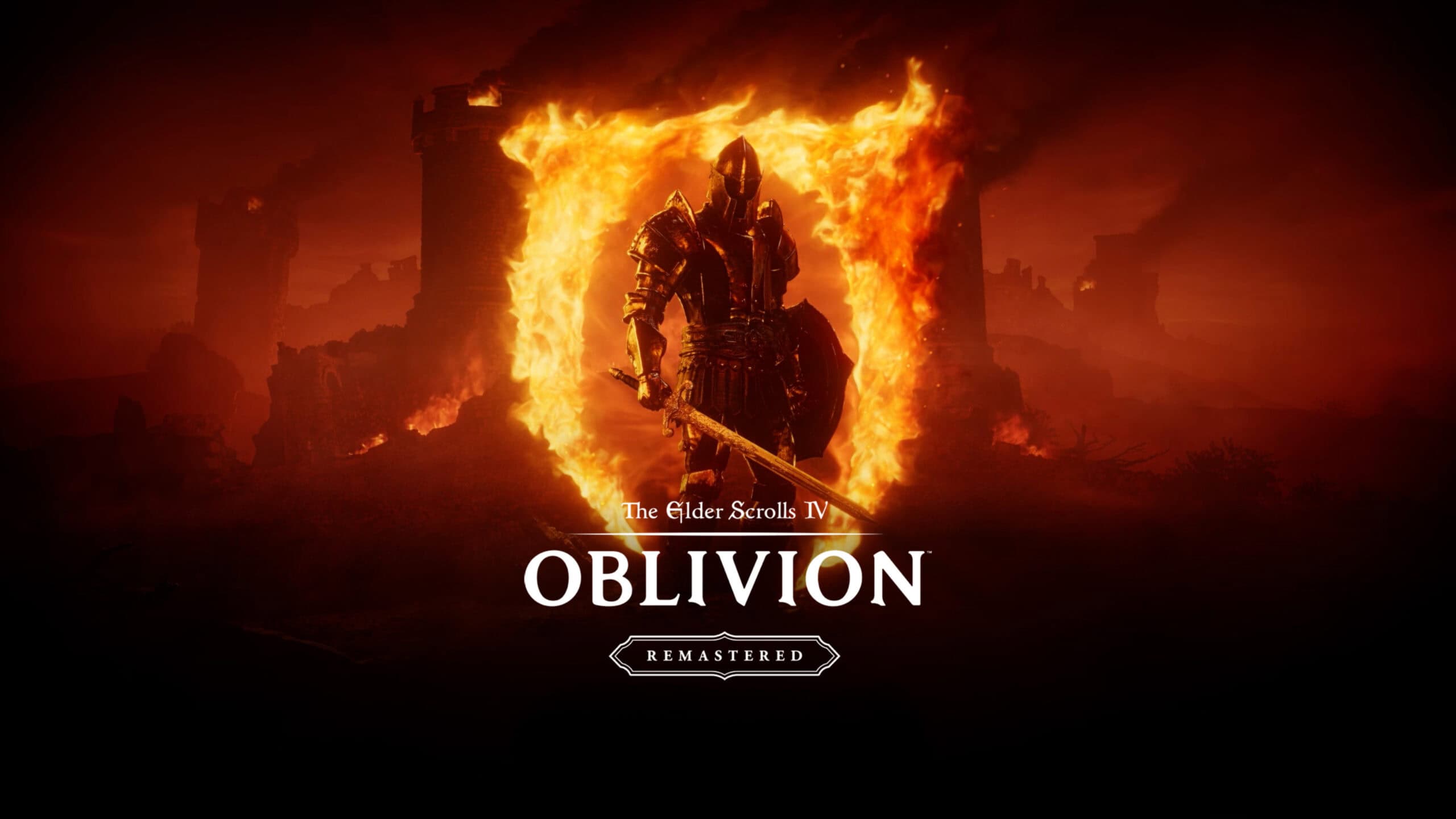 The Elder Scrolls 4: Oblivion Titel Bildschirm, mit dem Logo von Oblivion, einem Krieger in schwerer Rüstung, einem Schwert und einem Schild. Hinter ihm sieht man ein Oblivion Portal.