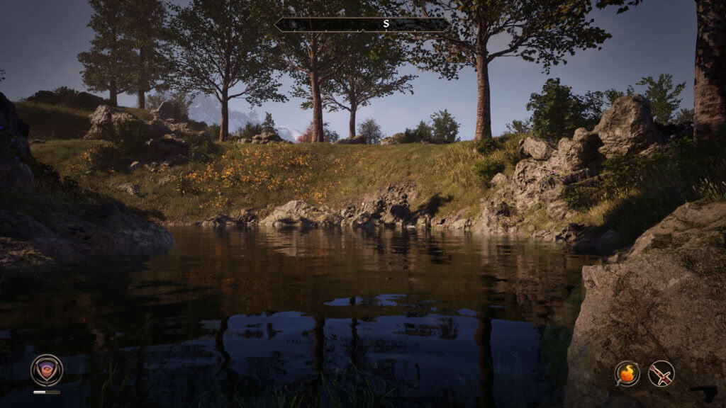 Screenshot aus dem Remastered von Oblivion aus dem Jahr 2025. Im Vordergrund ist ein kleiner Teich zu sehen. Dahinter stehen einige Bäume.
