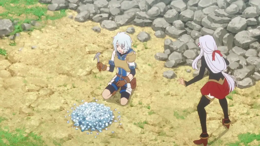 Screenshot aus dem Anime: The Unaware Atelier Meister. Yulishia ist geschockt darüber, was Kurt geschaffen hat. Kurt selber guckt seine Ausbeute aus der Miene an.