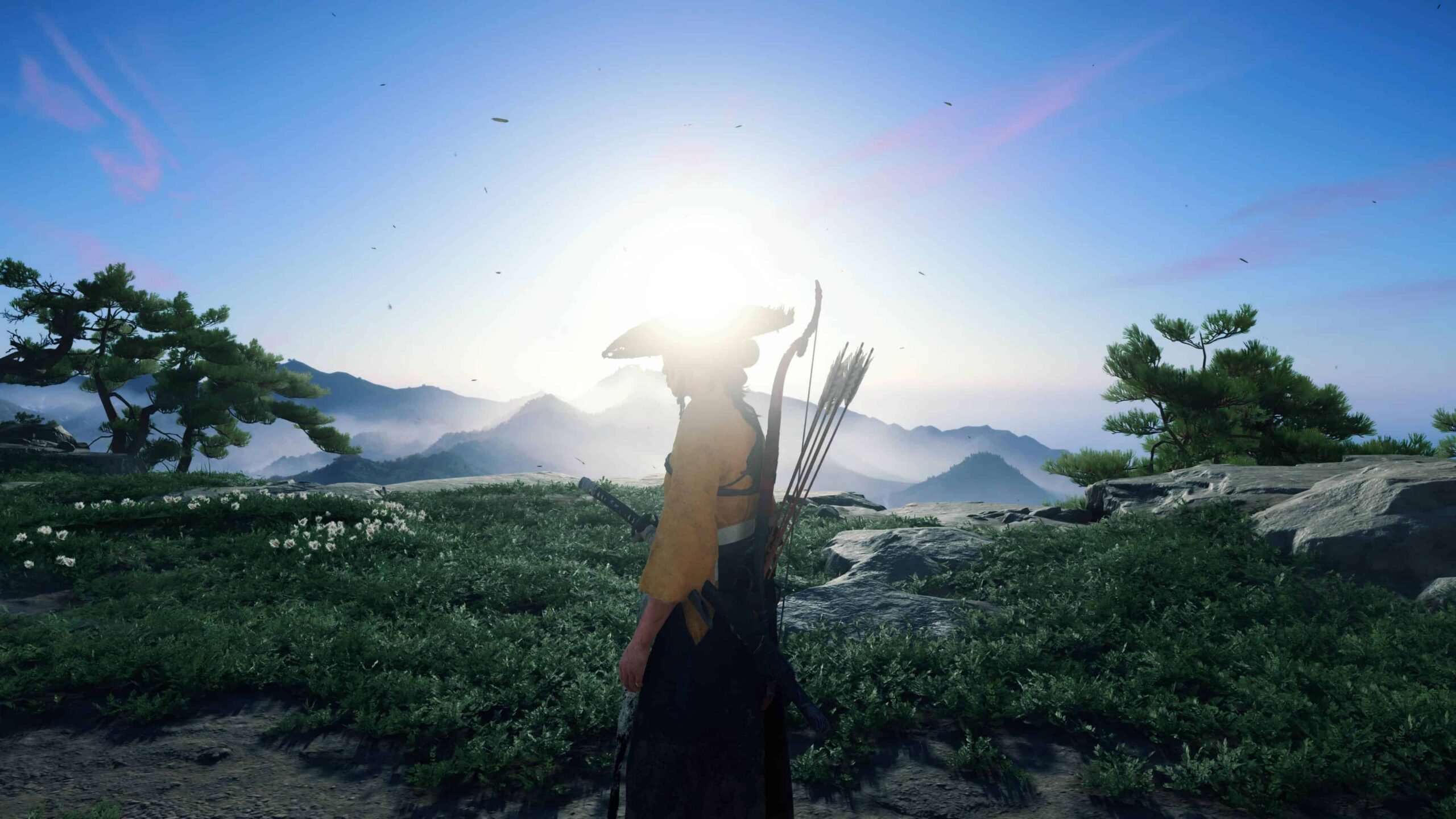 Screenshot aus dem PlayStation 5 Game: Ghost of Yotei. Die Protagonistin steht mitten auf einer Wiese, die Sonne strahlt sie an und lässt die Umrisse leicht verblassen.