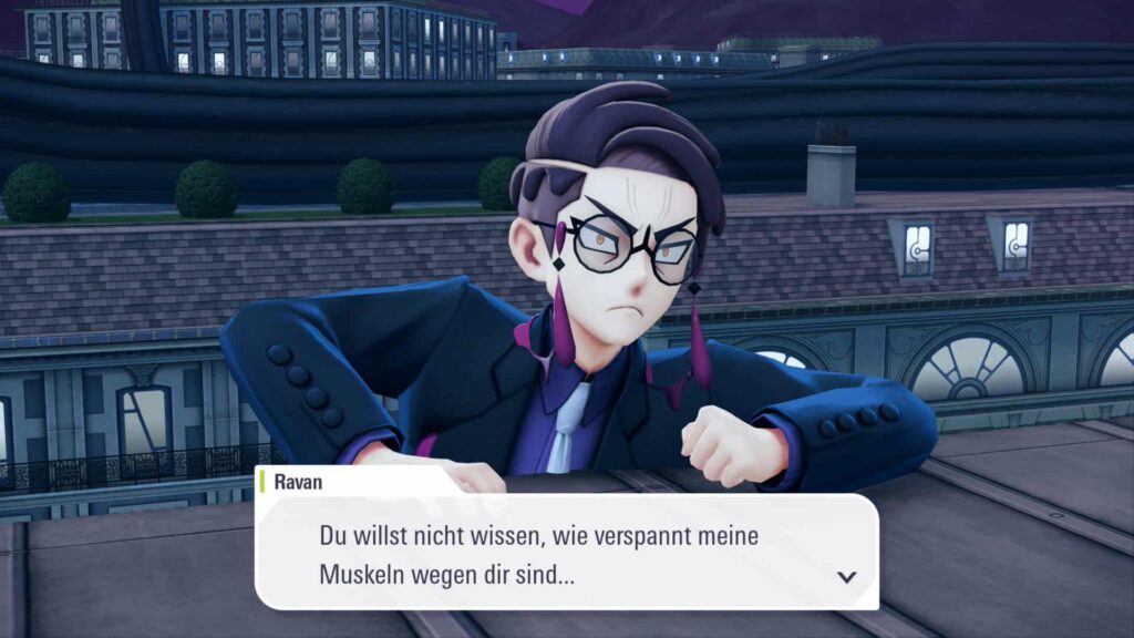 Screenshot aus dem Game: Pokémon Legenden Z-A. Jemand hält sich mit letzter Kraft irgendwo fest und sagt: "Du willst nicht wissen, wie verspannt meine Muskeln wegen dir sind ..."