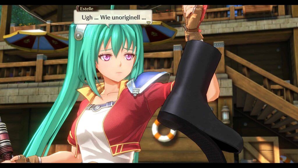 Screenshot aus dem Game: Trails in the Sky 1st Chapter. Estelle hat einen Stiefel geangelt und sagt daraufhin: "Ugh ... Wie unoriginell ..."