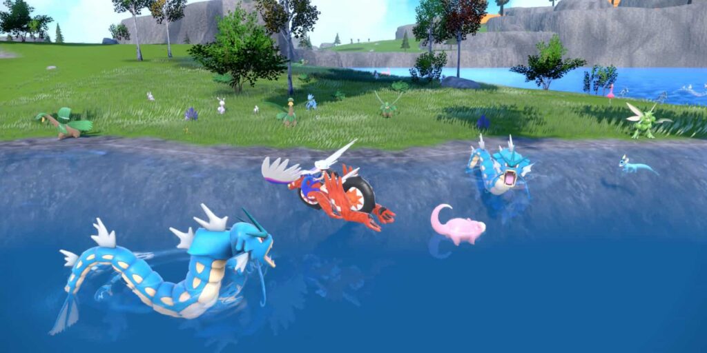 Bild aus Pokémon KArmesin und Purpur. Eine Wiese, Felsen, Bäume, Wasser und viele Pokémon.