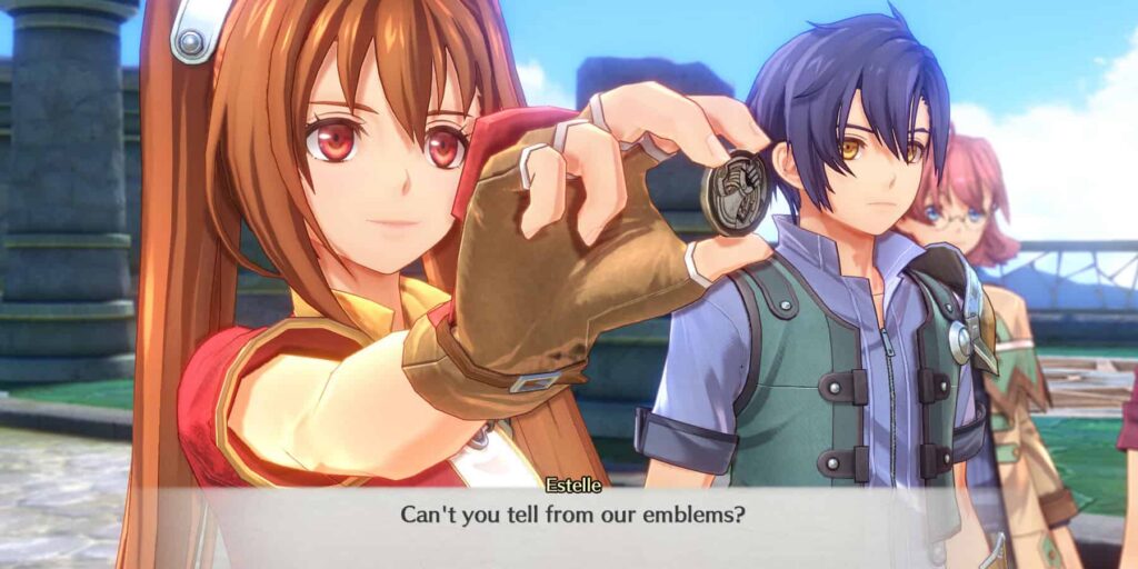Screenshot aus Trail in the Sky 1st Chapter. Estelle und Joshua, blauer Himmel und Wolken im Hintergrund.