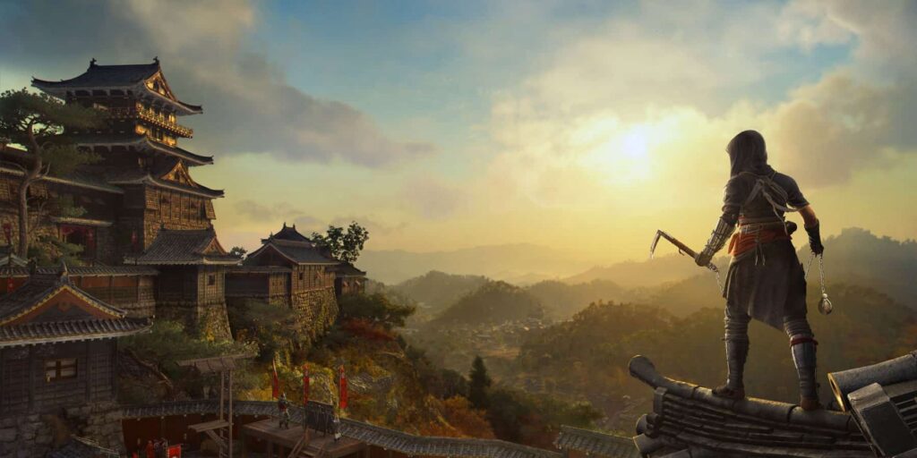 Jemand steht auf einem Dach und schaut in die Richtung eines riesigen Gebäudes.