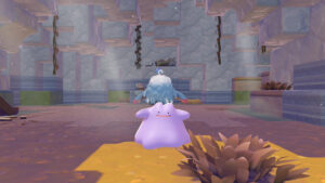 Screenshot aus Pokémon Pokopia. Ein Ditto und ein Tangoloss sind zu sehen, die sich in einer Art Höhle befinden.