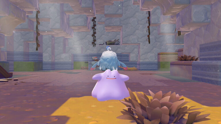 Screenshot aus Pokémon Pokopia. Ein Ditto und ein Tangoloss sind zu sehen, die sich in einer Art Höhle befinden.