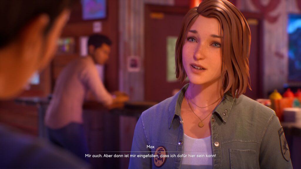Screenshot aus Life is Strange: Reunion. Max redet mit jemanden: Mir auch. Aber dann ist mir eingefallen, dass ich dafür hier sein kann!