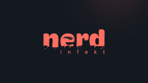 Dunkler Hintergrund mit einem coral farbenden "NerdInfekt" Logo.