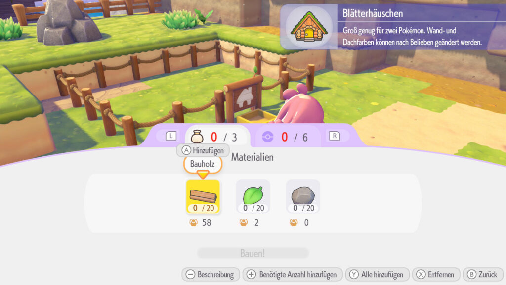 Dragon Quest Builders nur im Pokémon Universum? Meine Eindrücke zu Pokémon Pokopia! Screenshot aus Pokémon Pokopia. Blätterhäuschen-Bausatz wurde platziert. 20 Bauholz, 20 Blätter und 20 Steine werden benötigt.
