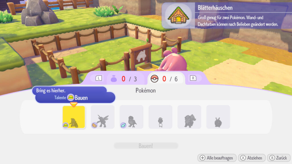 Dragon Quest Builders nur im Pokémon Universum? Meine Eindrücke zu Pokémon Pokopia! Screenshot aus Pokémon Pokopia. Blätterhäuschen. Es werden sechs Pokémon für den Bau benötigt.
