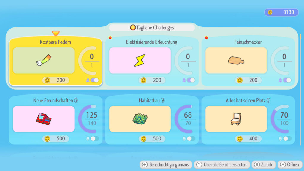 Dragon Quest Builders nur im Pokémon Universum? Meine Eindrücke zu Pokémon Pokopia! Screenshot aus Pokémon Pokopia. Tägliche Herausforderungen. Kostbare Federn, Elektrisierende Erleuchtung, Feinschmecker geben 200 Münzen.