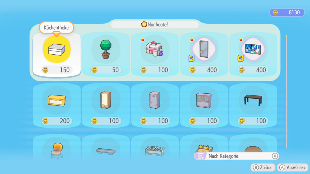 Dragon Quest Builders nur im Pokémon Universum? Meine Eindrücke zu Pokémon Pokopia! Screenshot aus Pokémon Pokopia. Der Itemshop. Hier findet man verschiedene Items: Küchentheke, ein kleiner Baum, Medizinset, eine Tür, ein Bild und vieles mehr.