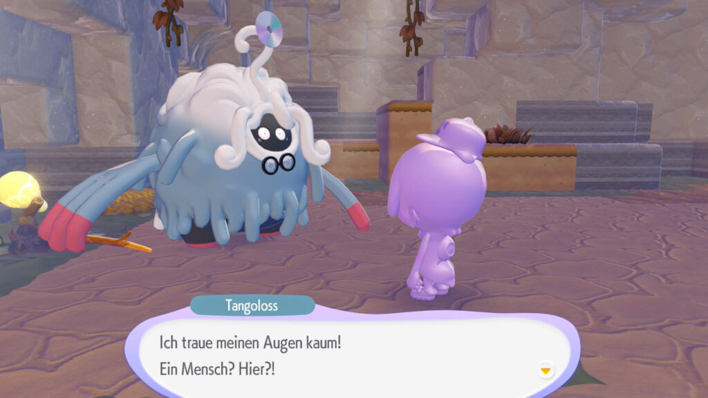 Dragon Quest Builders nur im Pokémon Universum? Meine Eindrücke zu Pokémon Pokopia! Screenshot aus Pokémon Pokopia. Erstes Aufeinandertreffen mit Tangoloss. Tangoloss sagt: Ich traue meinen Augen kaum! Ein Mensch? Hier?!