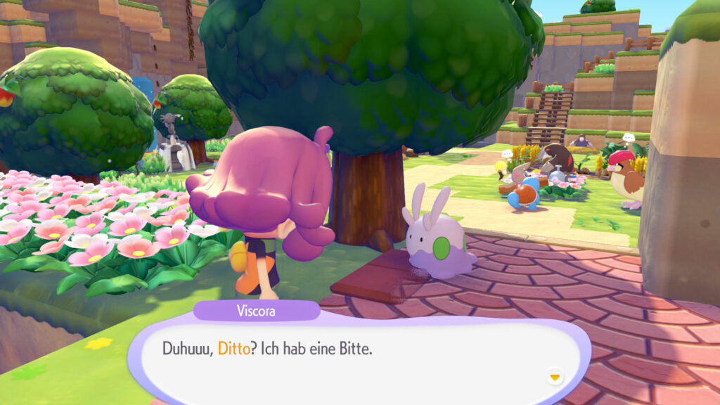 Dragon Quest Builders nur im Pokémon Universum? Meine Eindrücke zu Pokémon Pokopia! Screenshot aus Pokémon Pokopia. Das Pokémon Viscora spricht mit mir: Duhuuu, Ditto? Ich habe eine Bitte.