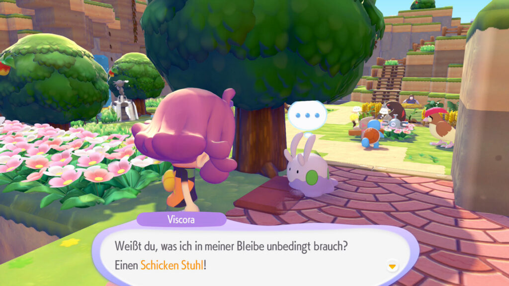 Dragon Quest Builders nur im Pokémon Universum? Meine Eindrücke zu Pokémon Pokopia! Screenshot aus Pokémon Pokopia. Das Pokémon Viscora spricht mit mir: Weißt du, was ich in meiner Bleibe unbedingt brauch? Einen Schicken Stuhl!