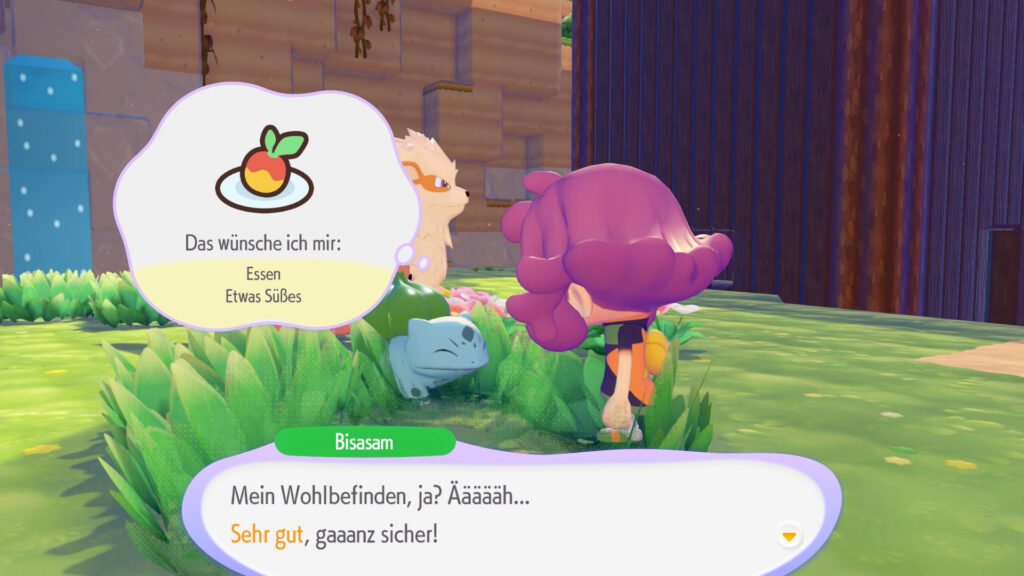 Dragon Quest Builders nur im Pokémon Universum? Meine Eindrücke zu Pokémon Pokopia! Screenshot aus Pokémon Pokopia. Das Pokémon Bisasam spricht mit mir: Mein Wohlbefinden, ja? Äääääh ... Sehr gut, gaaanz sicher!