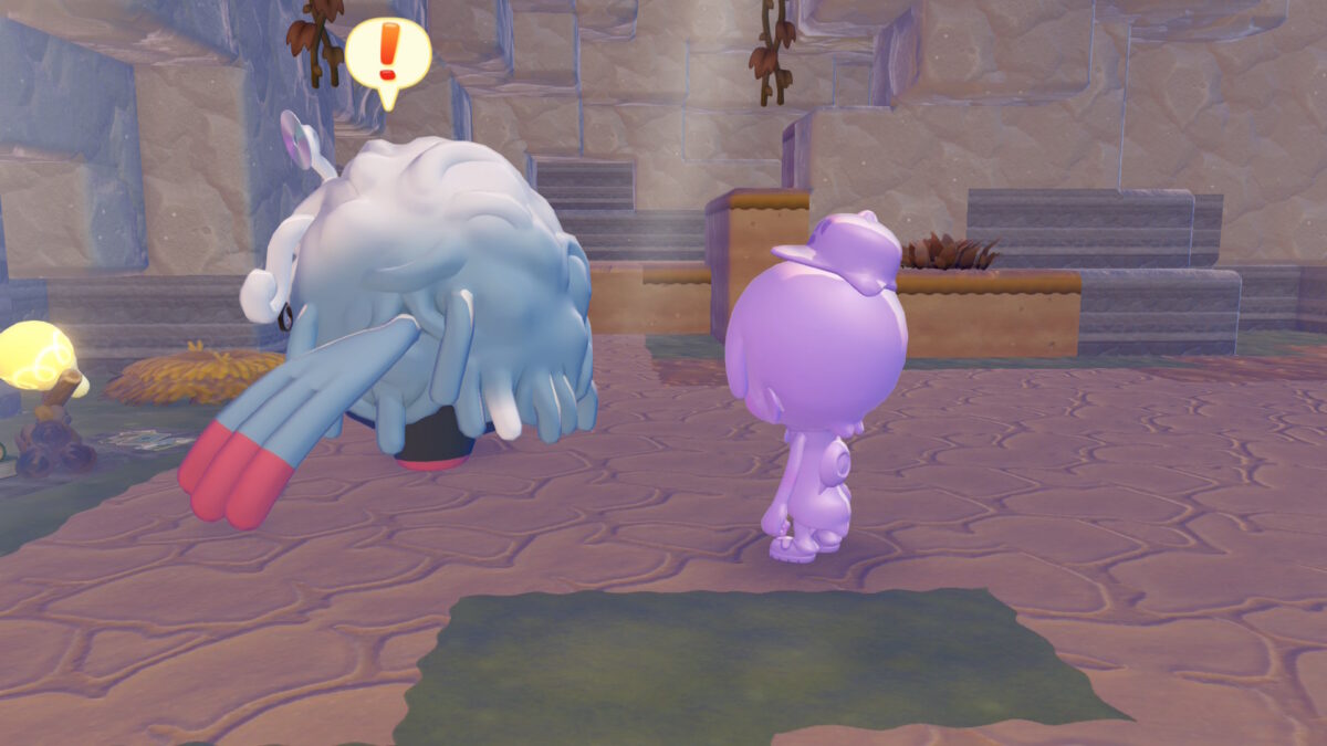 Screenshot aus Pokémon Pokopia. Ditto steht hinter Tangoloss.