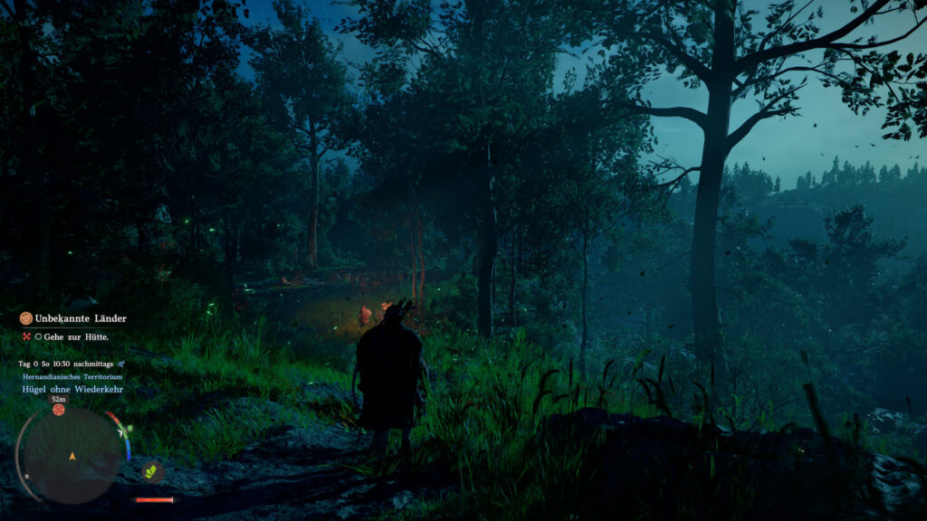 Crimson Desert bei Nacht, wunderschön und mystisch zugleich.  Wir stehen mit Kliff in einem kleinen Walt, auf einem Weg der ins Lager der Graumähnen führt.