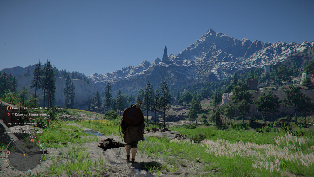 Screenshot aus Crimson Desert. Kliff steht in mitten einer idyllischen Landschaft. In der Ferne sieht man einen Turm und Berge, so wie viele Bäume.