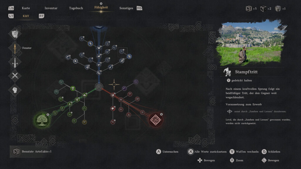 Screenshot aus Crimson Desert. Zu sehen ist der Skilltree. Zur Ansicht ist die Fähigkeit: Stampftritt ausgewählt.