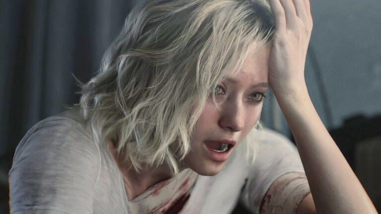 Grace aus Resident Evil Requiem wie sie sich die Preview zu DLSS 5 anguckt und vollkommen geschockt ist.