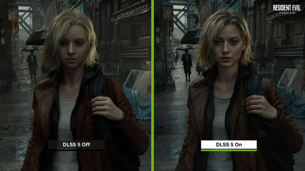 DLSS 5 Preview beim Game: Resident Evil Requiem. Auf der linken Seite das original, auf der rechten Seite die veränderte Version mit DLSS 5. 