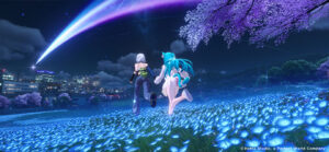 Bild von dem Game: Nerverless to Everness. Es ist Nacht, wir sehen eine Wiese mit wunderschönen blauen Blumen, zwei Menschen die über das Feld in Richtung einer Stadt laufen.