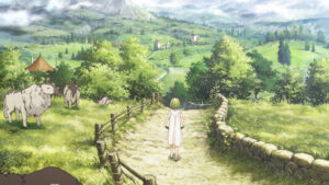 Szene auf Witch Hat Cat. Coco läuft einen Weg entlang, zurück nach Hause.