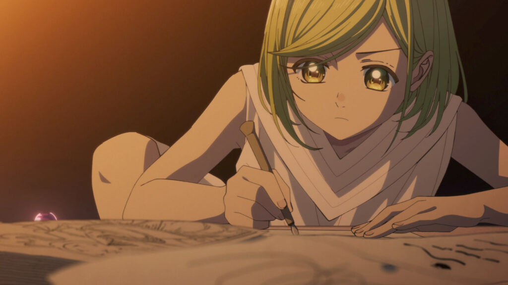 Witch Hat Atelier: Grandioser Auftakt der ersten beiden Episoden? Coco versucht sich an Magie. Hat sich ihren Füller und ihre Tinte geschnappt, die sie damals von einem Magier mit Maske geschenkt bekommen hat.