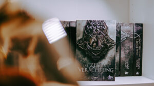 Foto von einem Bücherregal, in dem die Witcher Bücher von Autor Andrzej Sapkowski zu sehen sind. Im Vordergrun steht der Band „Die Zeit der Verachtung".