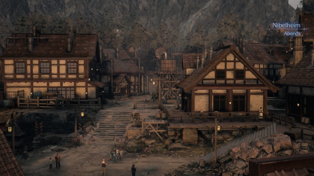 Screenshot aus Final Fantasy VII: Rebirth. Ein weiteres Bild von der Stadt, nur aus einer anderen Perspektive. Wir sehen hier einige Häuser und eine Treppe die zu den Häusern führt.