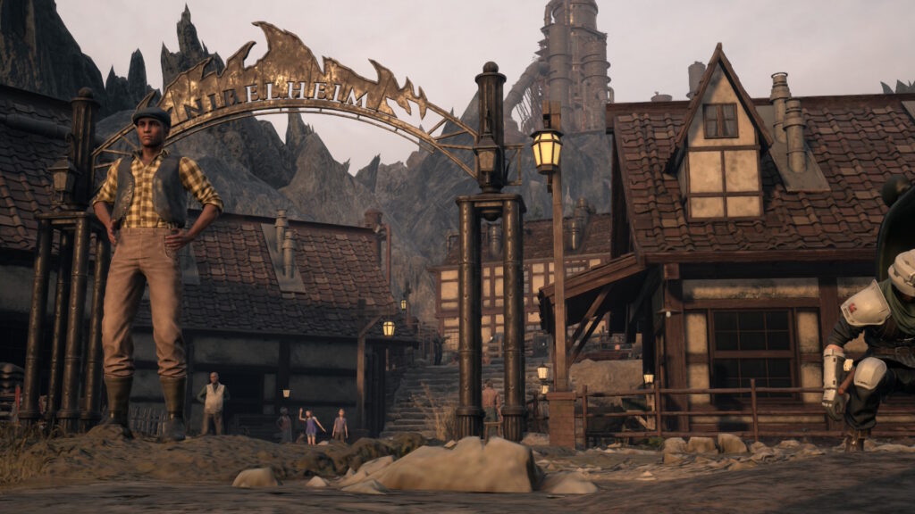 Screenshot aus Final Fantasy VII: Rebirth. ZU sehen ist eine Stadt die in brau und grau Tönen gehalten ist. Im Hintergrund sieht man Felsen. Ganz vorne ist ein Tor zu sehen, auf dem ganz oben „Nibelheim" drauf steht. Vor dem Tor steht ein Mann mit einem karierten Hemd.