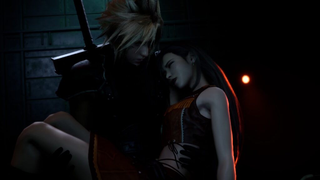 Screenshot aus Final Fantasy VII: Rebirth. Cloud trägt Tifa, die anscheinend ohnmächtig ist.
