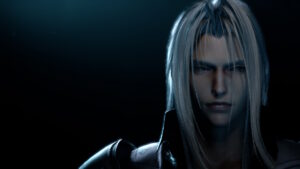 Screenshot aus Final Fantasy VII: Rebirth. Sephiroth ist auf der rechten Seite zu sehen, wie er nach vorne schaut.