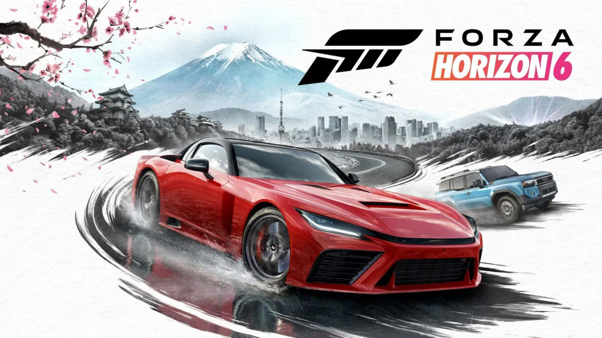 Das Cover von Forza Horizon 6, welches im Vordergrund ein roten Sportwagen zeigt und im Hintergrund den Fuji aus Japan zeigt.