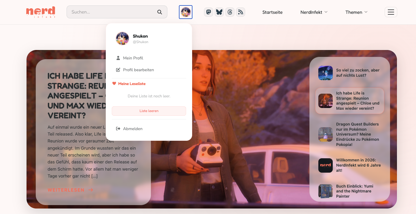 Screenshot von der Navigation auf NerdInfekt mit dem Logo, einer Suchleiste, dem entsprechenden Avatar, Social Media icons und Links: Startseite, NerdInfekt und Themen.