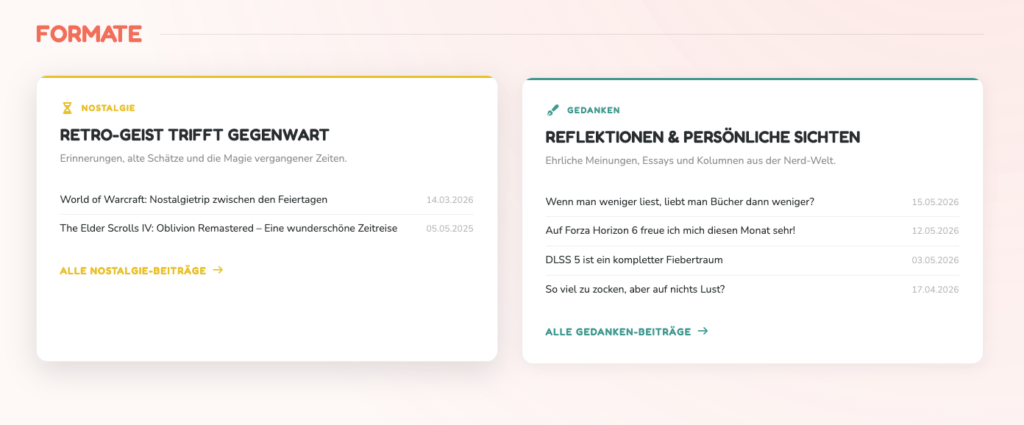 Screenshot von der Startseite bzw. von dem Bereich „Formate" auf der Startseite. Hier sind zwei Boxen zu sehen, eine für das Format „Nostalgie" und eine für das Format „Gedanken". In den Boxen befinden sich Links zu den entsprechenden Beiträgen.