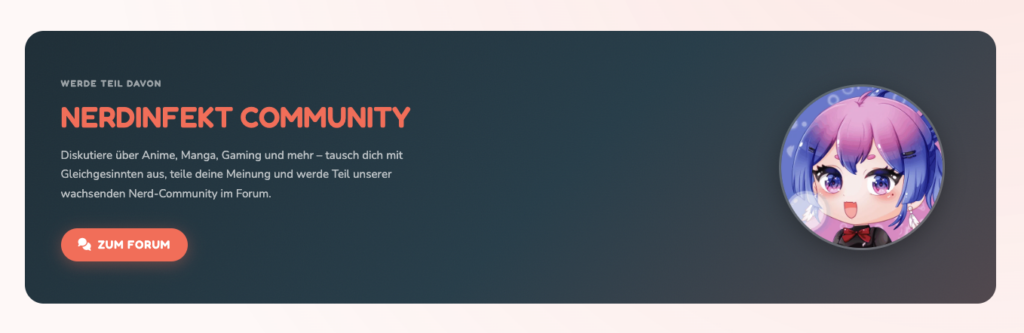 Ein Bild von einem Banner, welcher sich auch auf der Startseite befindet. „NerdInfekt Community" steht als Headline auf dem Bild. Darunter steht ein Text: Diskutiere über Anime, Manga, Gaming und mehr – tausch dich mit Gleichgesinnten aus, teile deine Meinung und werde Teil unserer wachsenden Nerd-Community im Forum.