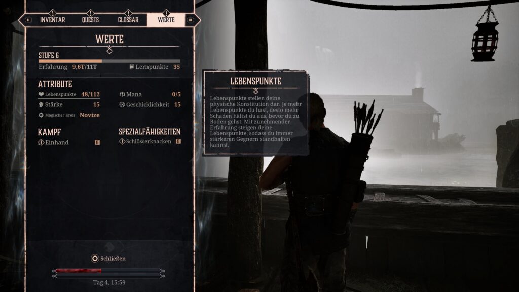 Gothic 1 Remake Das Menü von Gothic 1 Remake: Wir sehen oben vier Reiter von links nach rechts: Inventar, Quests, Glossar und Werte. Die Namen sprechen für sich. Wir sind im Bereich „Werte" wo wir zum einen das Level des Charakters sehen können (Stufe 6), wie viel Erfahrungspunkte bis zum nächsten Level fehlen, wie hoch unsere Attribute wie Lebenspunkte, Stärke, Mana oder auch Geschicklichkeit sind. Ebenso sehen wir unsere Skills im Kampf und Spezialfähigkeiten.