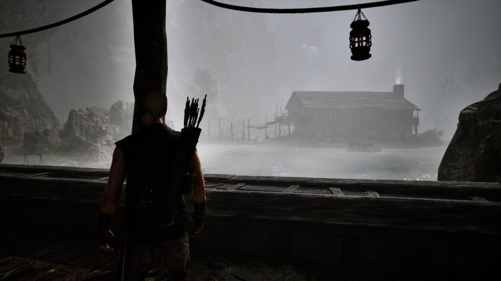 Gothic 1 Remake Das neue Lager hat auch einiges an Wasser zu bieten. Wir stehen auf einer Brücke, schauen zu einem Haus hinüber, welches von Nebel umhüllt ist.